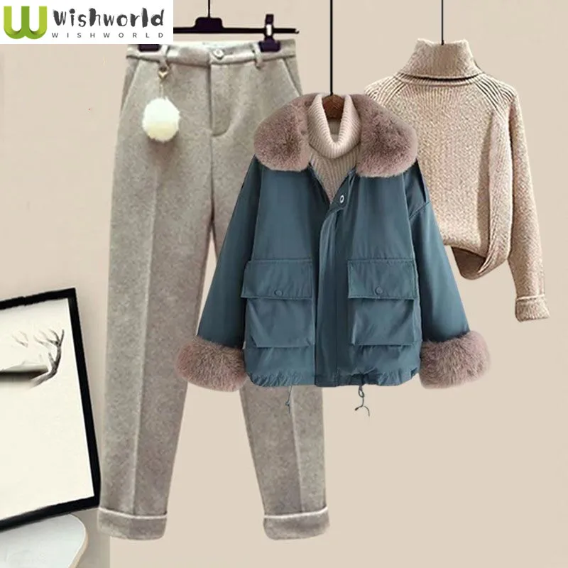 

Autumn and Winter Women's Suit Big Fur Collar Down Cotton Coat Sweater Casual Pants Fashion Suit Three Piece Set