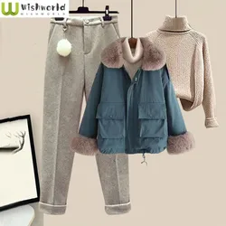 Autumn and Winter Women's Suit Big Fur Collar Down Cotton Coat Sweater Casual Pants Fashion Suit Three Piece Set