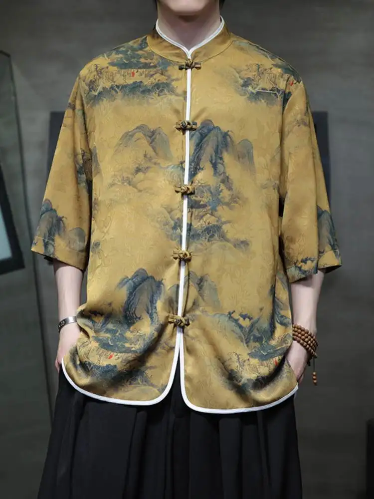 

Мужской летний винтажный костюм-танчун из ледяного шелка с пуговицами, улучшенный ханьфу, новый китайский стиль, молодежный, свободный крой, с принтом