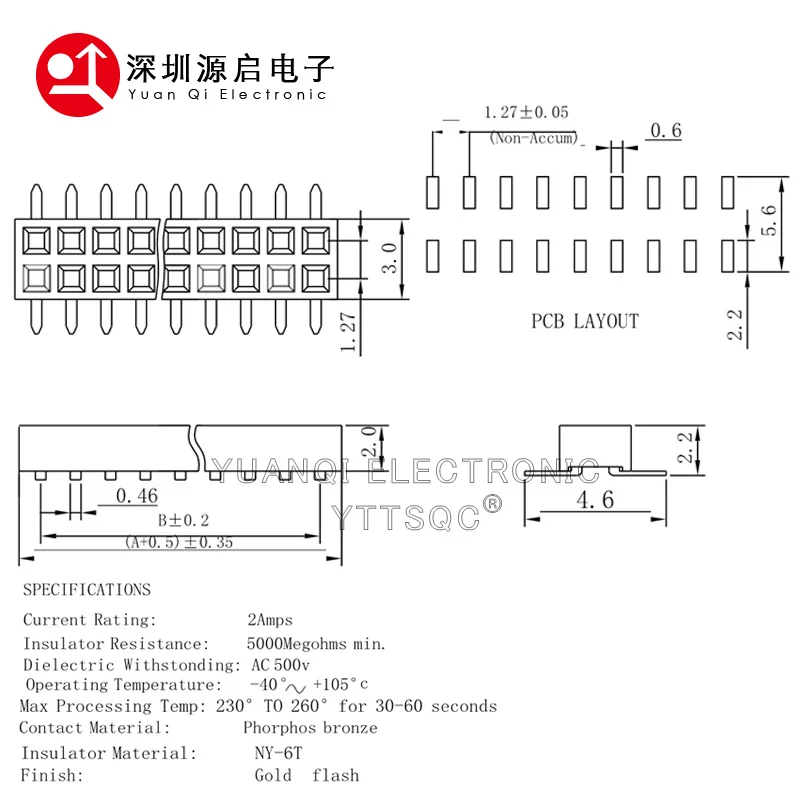 Low Profile 1.27mm Double Row Female Pin Header Plastic Height 2.0 Pinheader PCB Socket SMT 2*3/4/5/6/10/12/15/9/2/8/50P 1U PA6T