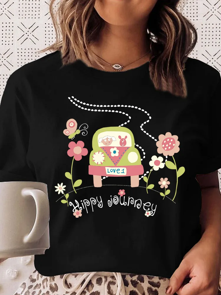 

Cartoon Flower car Clothes Ladies T-shirt Summer Print Fashion Casual T-shirts femme Trend Short Sleeve Graphic Women Tee shirt