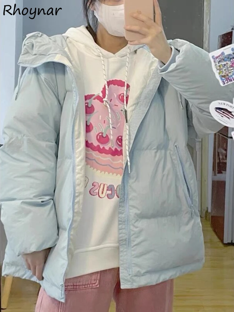 Parki z kapturem damskie luźne niebieskie słodkie w stylu preppy proste grube zimowe ciepłe hipsterskie jednolite z długim rękawem odzież moda koreańska popularne