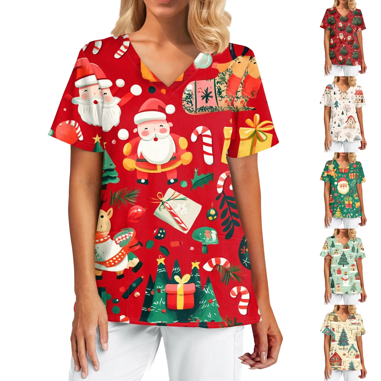 Uniforme sanitário mulher bonito papai noel estampas com decote em v bolsos de manga curta em material micro-elástico topos uniformes clínicos