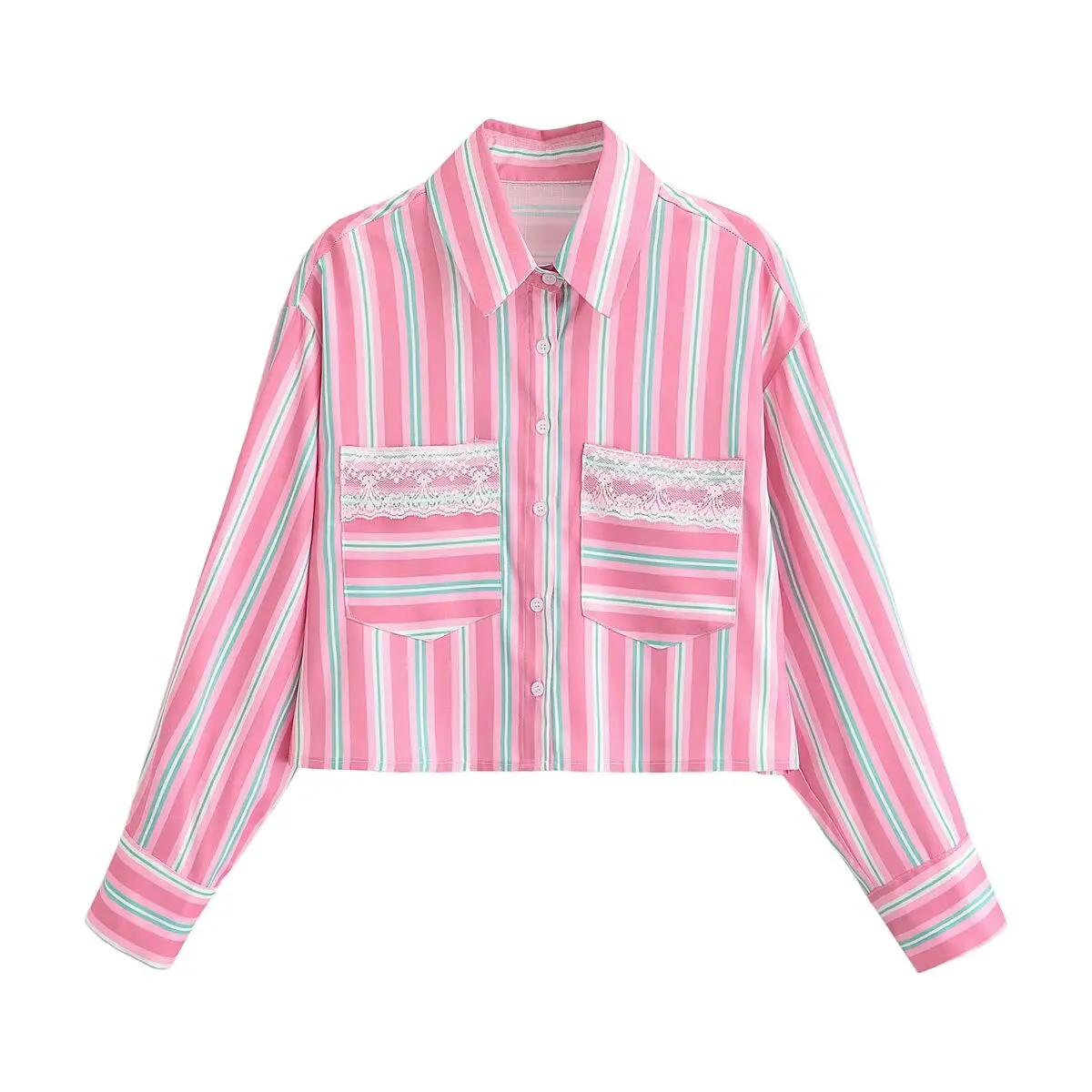 

WOMAN 2026 Summer New Fashion Lace Striped Short Blouses Vintage Lapel Long Sleeve Pockets Casual Female Shirts Blusas Chic Tops