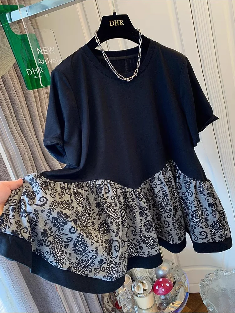 

Женская свободная футболка больших размеров ort Sve с цветочным принтом в стиле пэчворк, широкий Waisorder f Sve, весенне-летний топ, корейский Sle Comm...