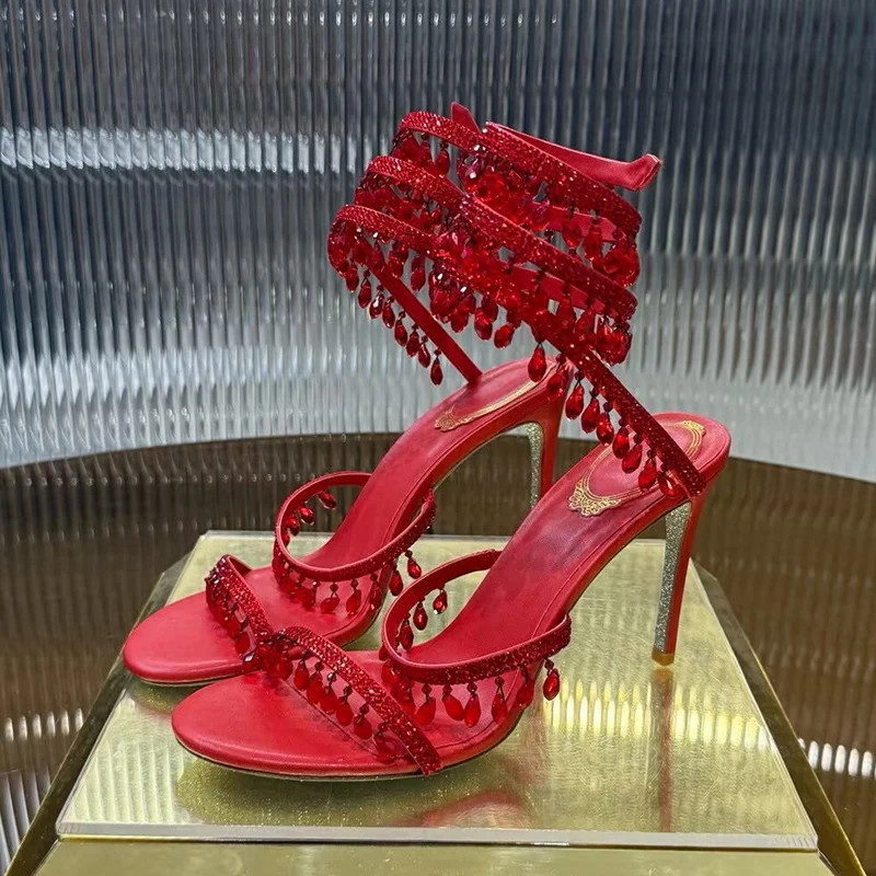 صنادل كعب عالٍ على الموضة النساء كريستال سلسلة حبة الأفعى على شكل لف أحذية الزفاف الصيف رقيقة الكعوب المصارع Sandalias #2