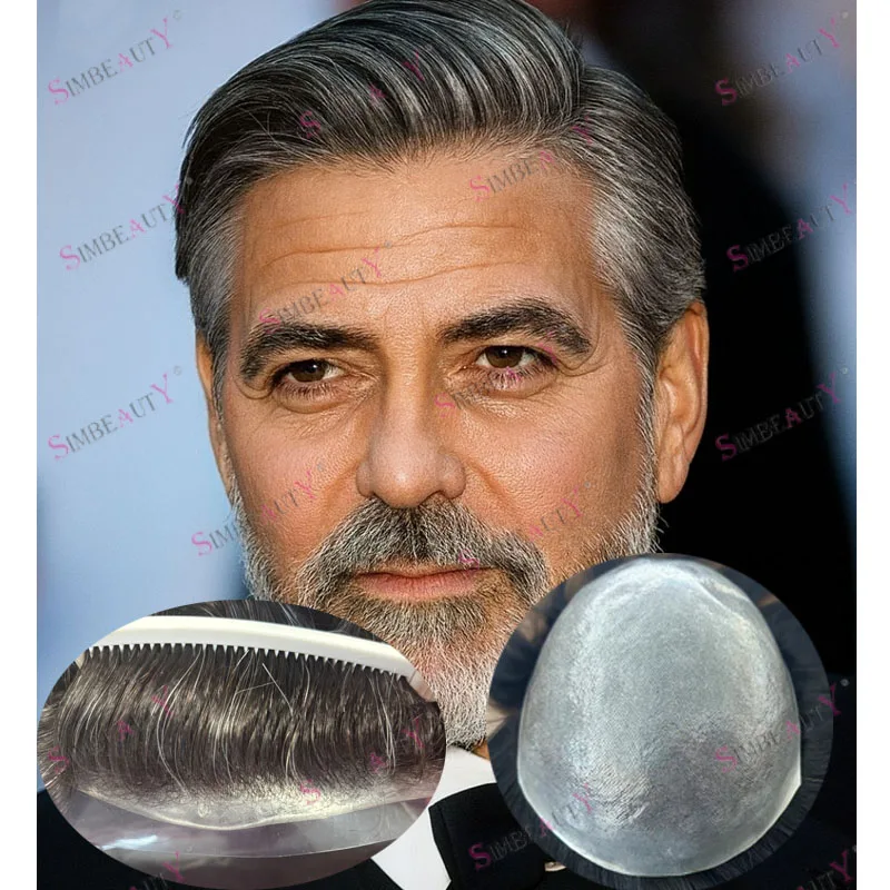 

130 Плотность 1B30 Серый мужской системный протез человеческих волос Натуральная линия волос Необнаружимый # 540 Коричневые парики с седыми волосами для стариков