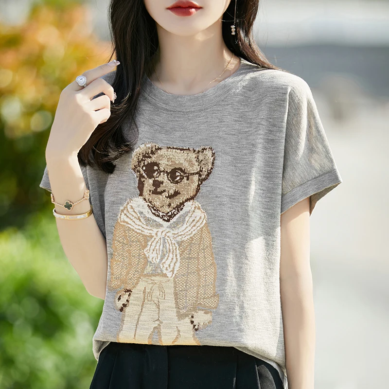 Summer Thin Skin-Fribottomly Breathable Bamboo Hemp Bear Round Neck Knitted Short-Sleeved T-Shirt Bottoming Shirt for Women Loose Casual K-Style