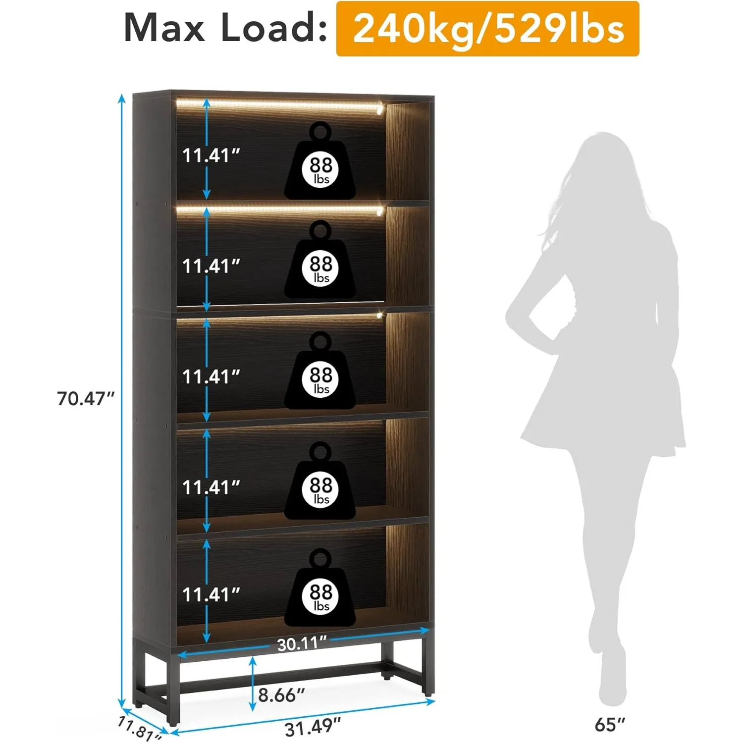 خزانة كتب سوداء، خزائن كتب كبيرة مقاس 70.8 بوصة مع أضواء LED، رف كتب مع أرفف تخزين من 5 طبقات لغرفة المعيشة وغرفة النوم #3