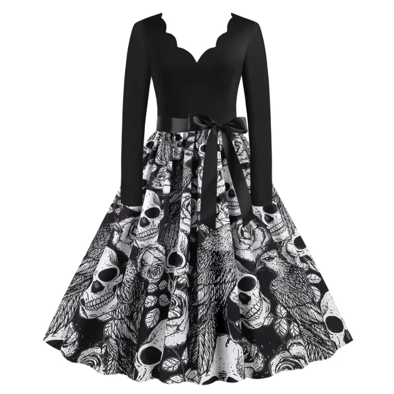 Disfraces de Halloween con estampado de calavera aterradora para mujer, vestido de fiesta de carnaval, vestido de fiesta de noche de manga larga, vestido de graduación elegante, 1950s