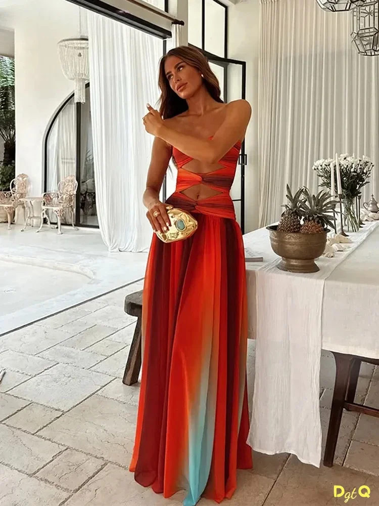 Gedruckt Farbe Kollision Frauen Maxi Kleid Brust Eingewickelt Cut Out Liebsten Backless Hohe Taille Plissee Robe 2025, Sommer Dame Roben