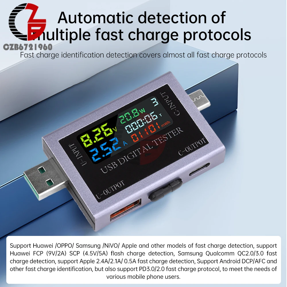 DC 4.5-50V 0-8A USB Type-C Tester Multi-function Digital Display Voltage Ammeter Power Meter DC Power Bank Charging Indicator