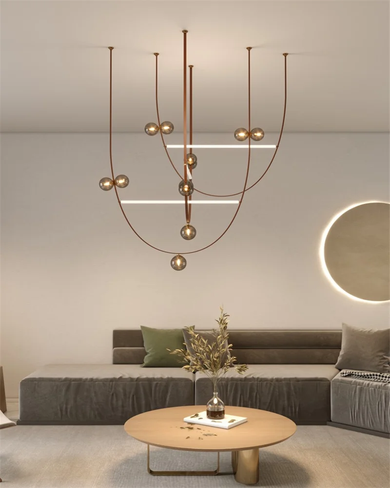 Italiano Belt Pendant Light, Living Room Main Light, Postmodern Minimalista Villa Duplex Edifício Oco Luz De Bola De Vidro Decorativo