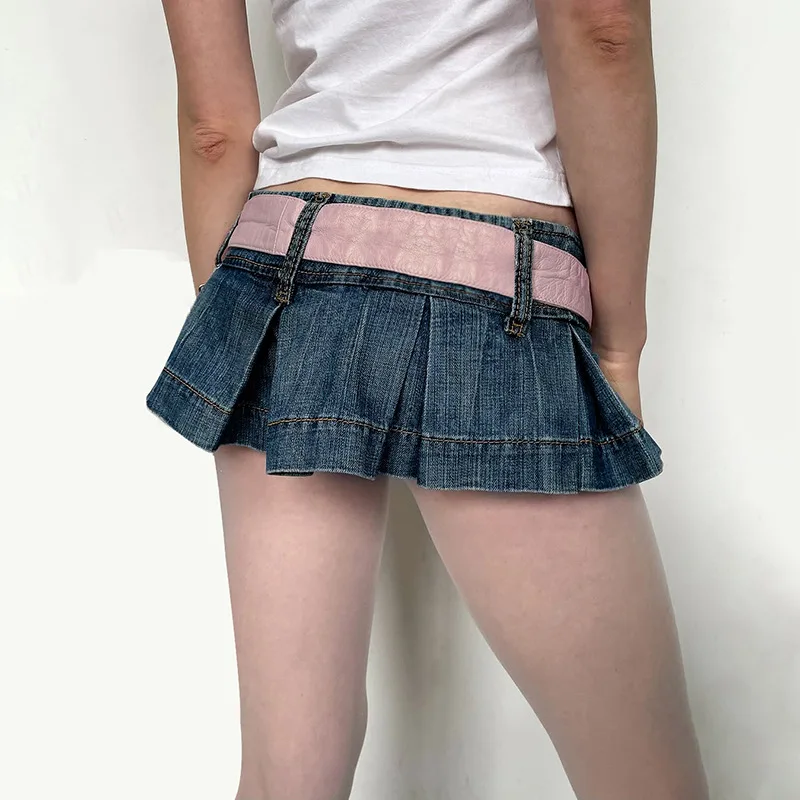 جديد ريترو مثير المرأة الصيف منخفضة الخصر البسيطة مطوي الدنيم السراويل تنورة المألوف الشارع Y2k Harajuku القوطي السراويل