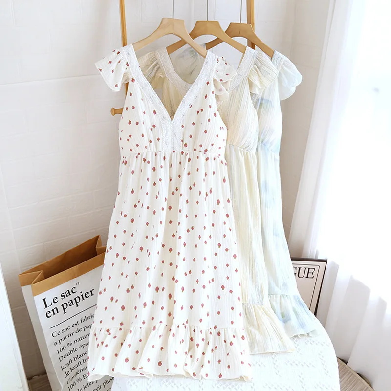 Chest Pad Pajamas Nightgown Flying Sleeve Nightdress Lace Stitching Dress Cotton Dresses Women 100% Summer Cool Suspender Skirt