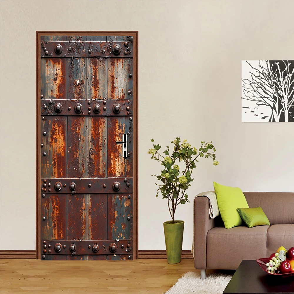 1 piece of retro industrial style rust texture decorative door sticker, nostalgic metal rivet wooden board effect self-adhesive