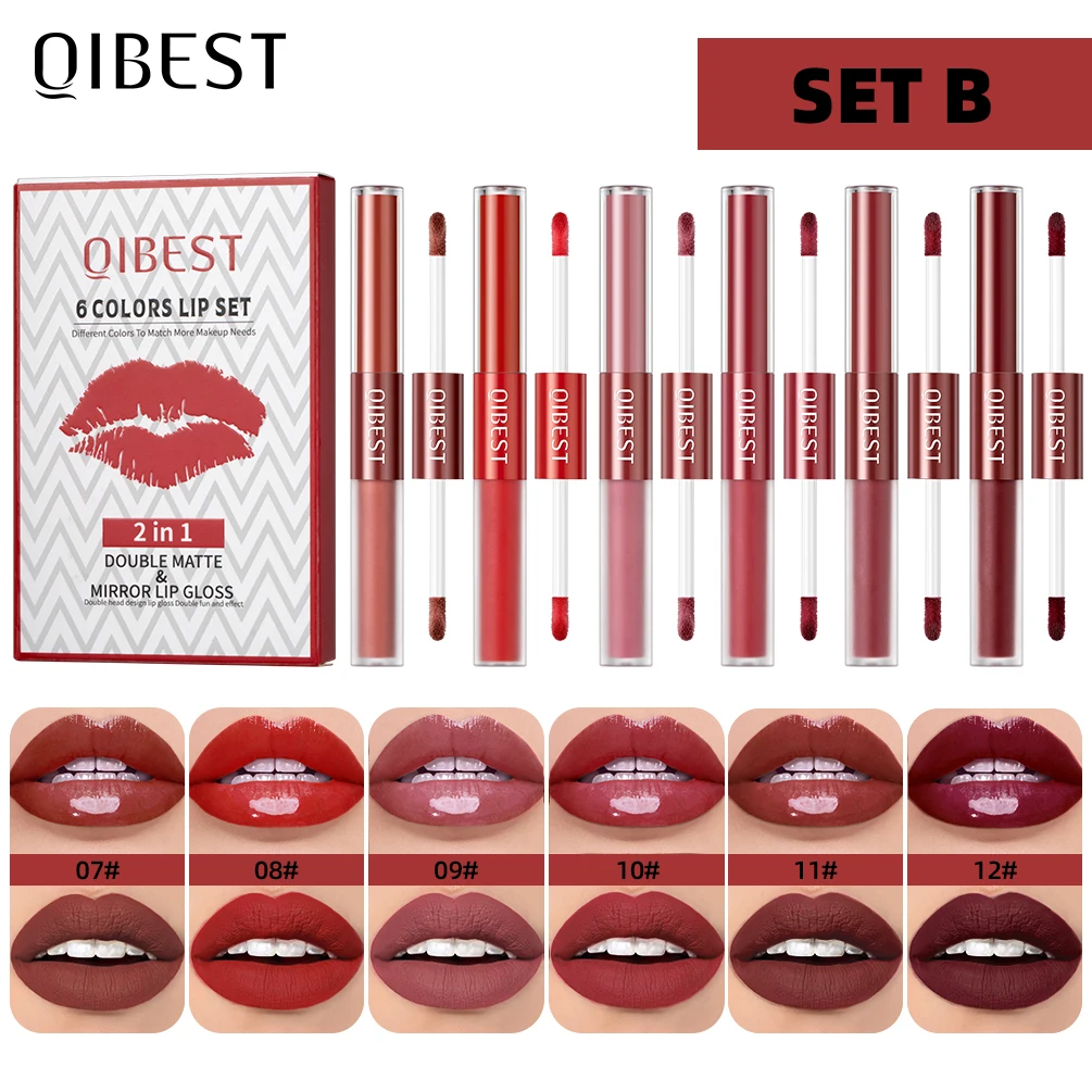 QIBEST Double-head Matte Velvet  Liquid Lipstick Long Lasting Non-Stick Cup Nude Mirror Lipgloss For Women Lips Makeup Cosmetics