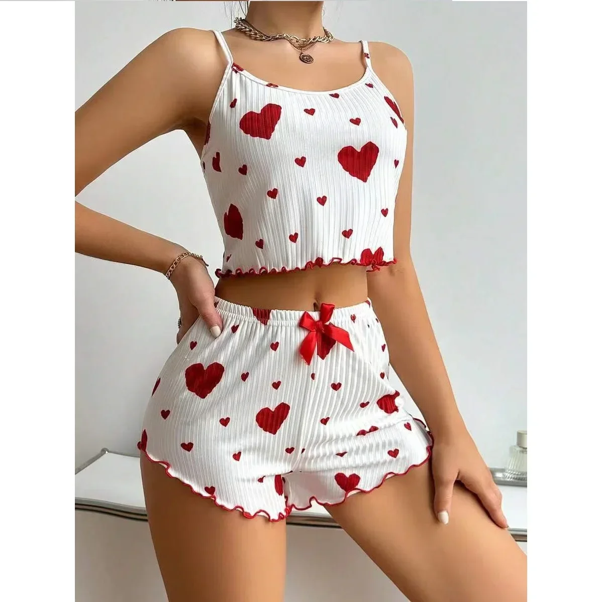 Hot Selling Womens Pajamas Set Sleepwear 2PCS Short Tank Tops And Shorts White Ventilate Soft Casual Red Love Printing Sleepwear