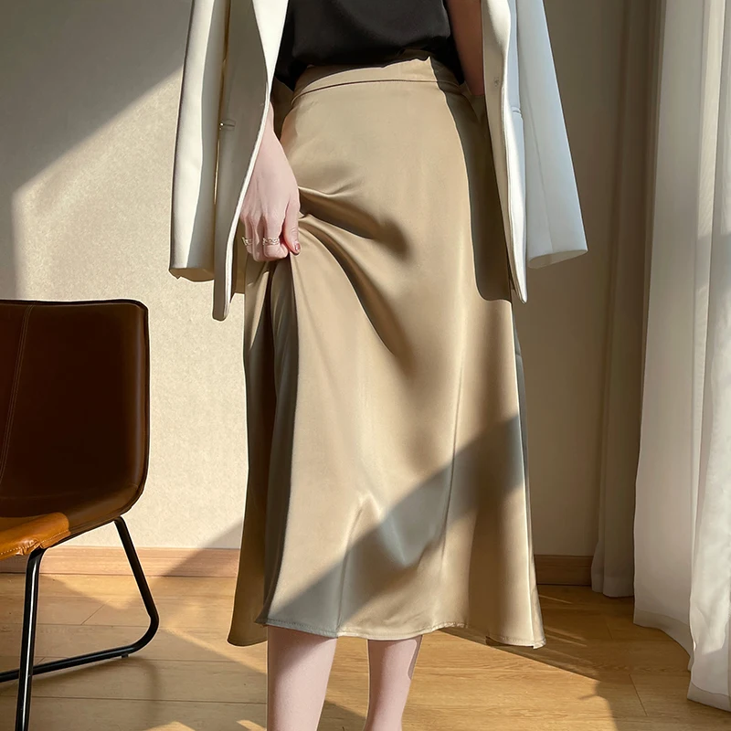

Silk Acetate Asymmetrical Fish Tail Skirt Women's Summer Design High Waist A-Line Skirt Elegant Commute Style Long Skirt