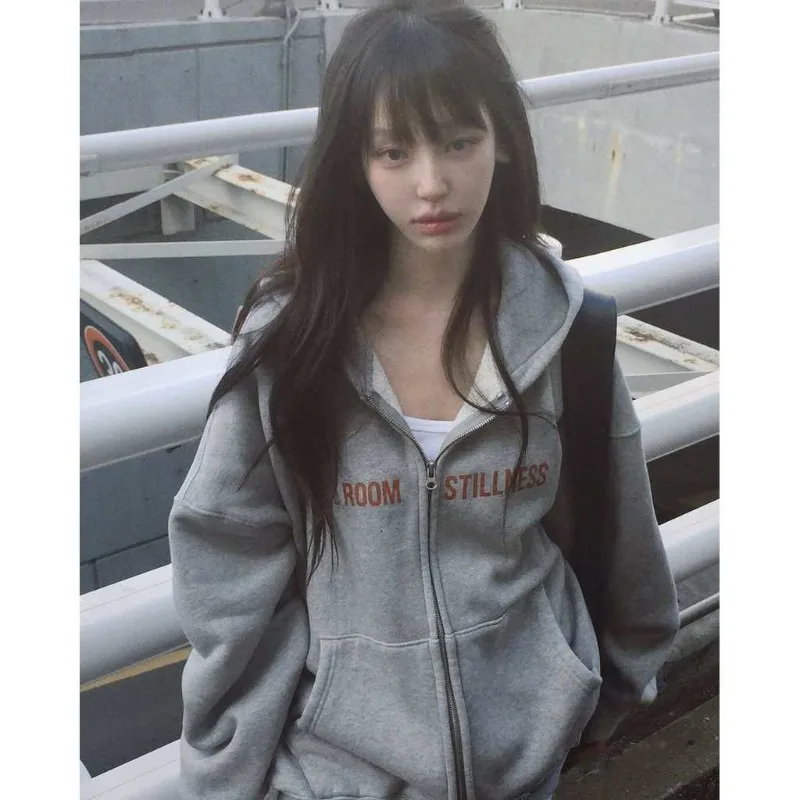 Women Oversized Zip Up Hoodie, Vintage Red Letter Print Long Sleeve Hooded Sweatshirt Jacket, Casual Korean Streetwear Outerwear