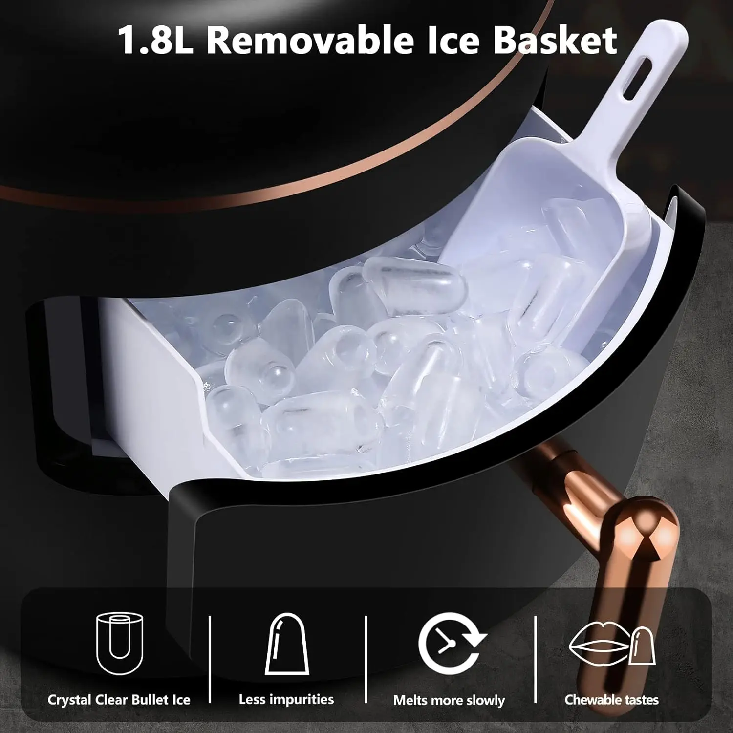 Clear Countertop Ice Maker, Design Retro, 33Lbs/Day, Reservatório de Água 2.5Qt, 2 Tamanho (S/L), Auto-Limpeza, 10Pcs, 8Mins