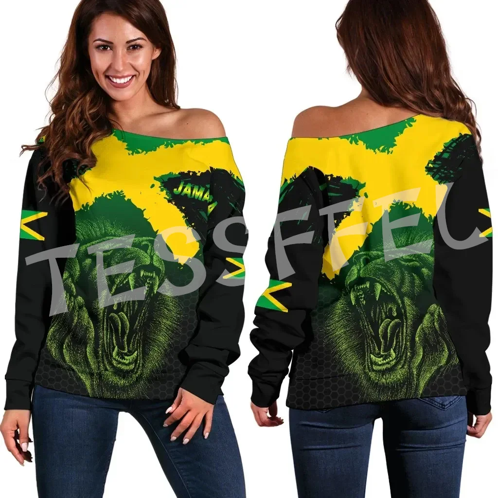 Reggae Jamaica Country Flag Lion Tattoo Tribe Retro Off Shoulder Sweatshirts Long Sleeves 3DPrint Harajuku Women Funny Casual X4