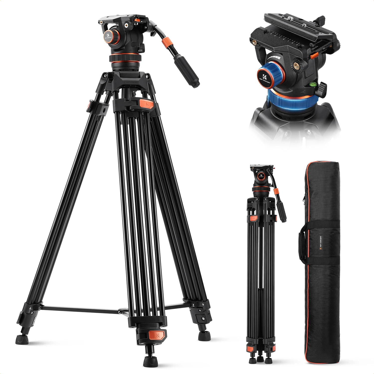 K&F CONCEPT 75 Inch Video Statief Zwaar Belastbaar Camera Statief Vloeistofkop Snelwisselplaat voor Canon Nikon Sony DSLR Camcorder VA3+BV60/50