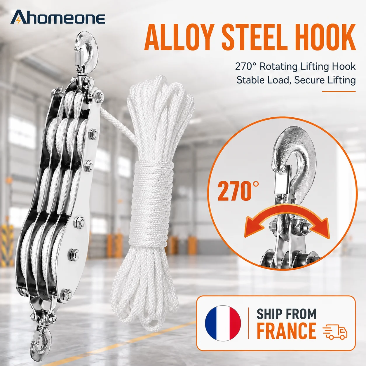 Poulie à corde rotative 270 ° Palans à 4 roues pour levage de charges lourdes 400 kg, système de poulie robuste avec corde de 65 pieds 270 ° Dispo
