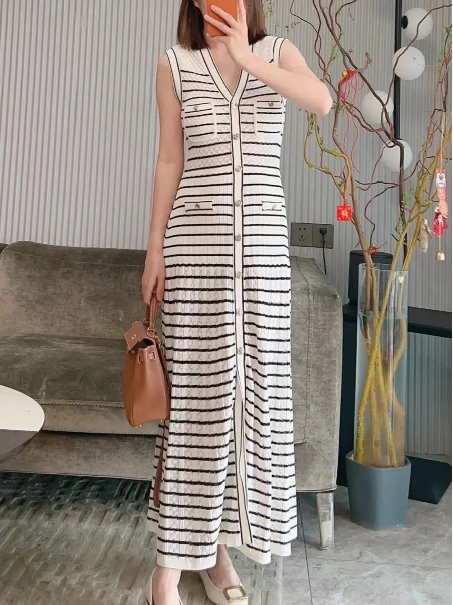 Fashion Brand Women Elegant Striped Knit Long Dress Chic Sleeveless V-neck Single-Breasted Robes Summer Female Knitting Dresses