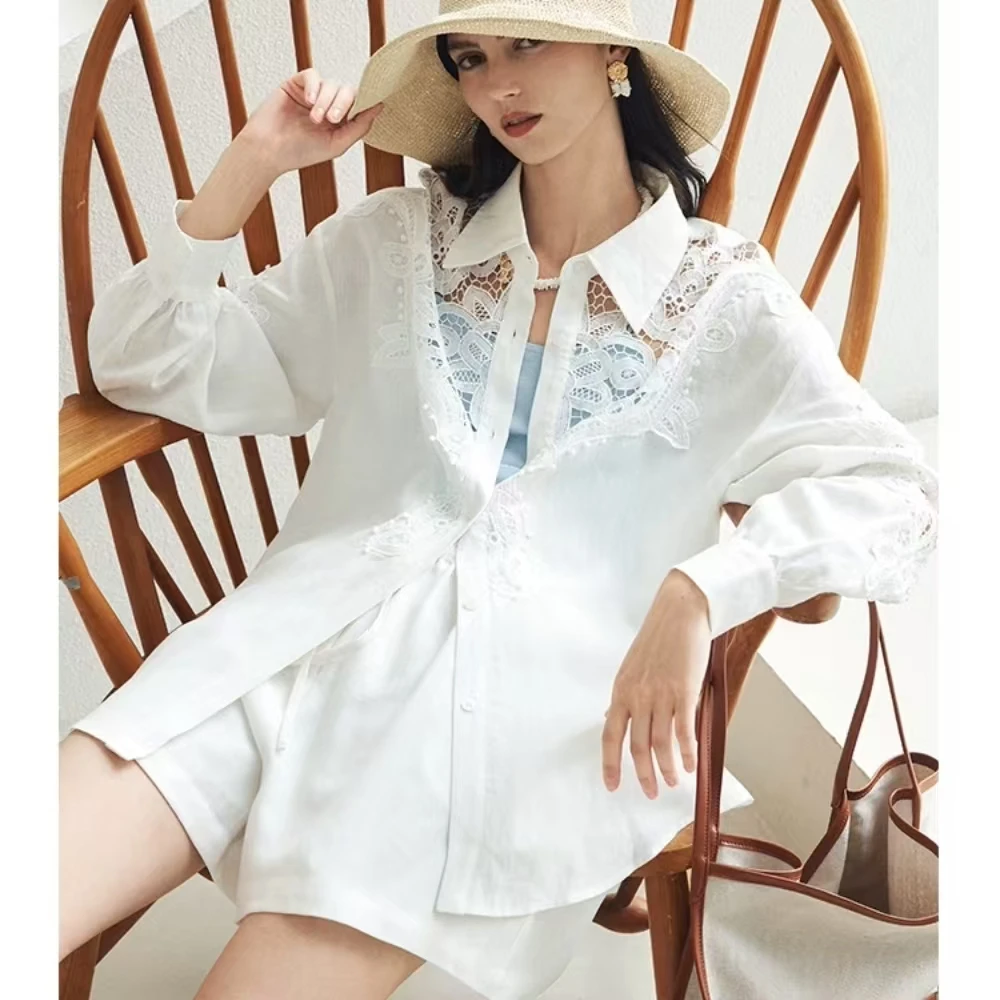 Pailletten Aushöhlen Stickerei 100% Baumwolle Shirts & Blusen frauen Mid-länge Lose Weiß Party Hemd roupas feminina camisas