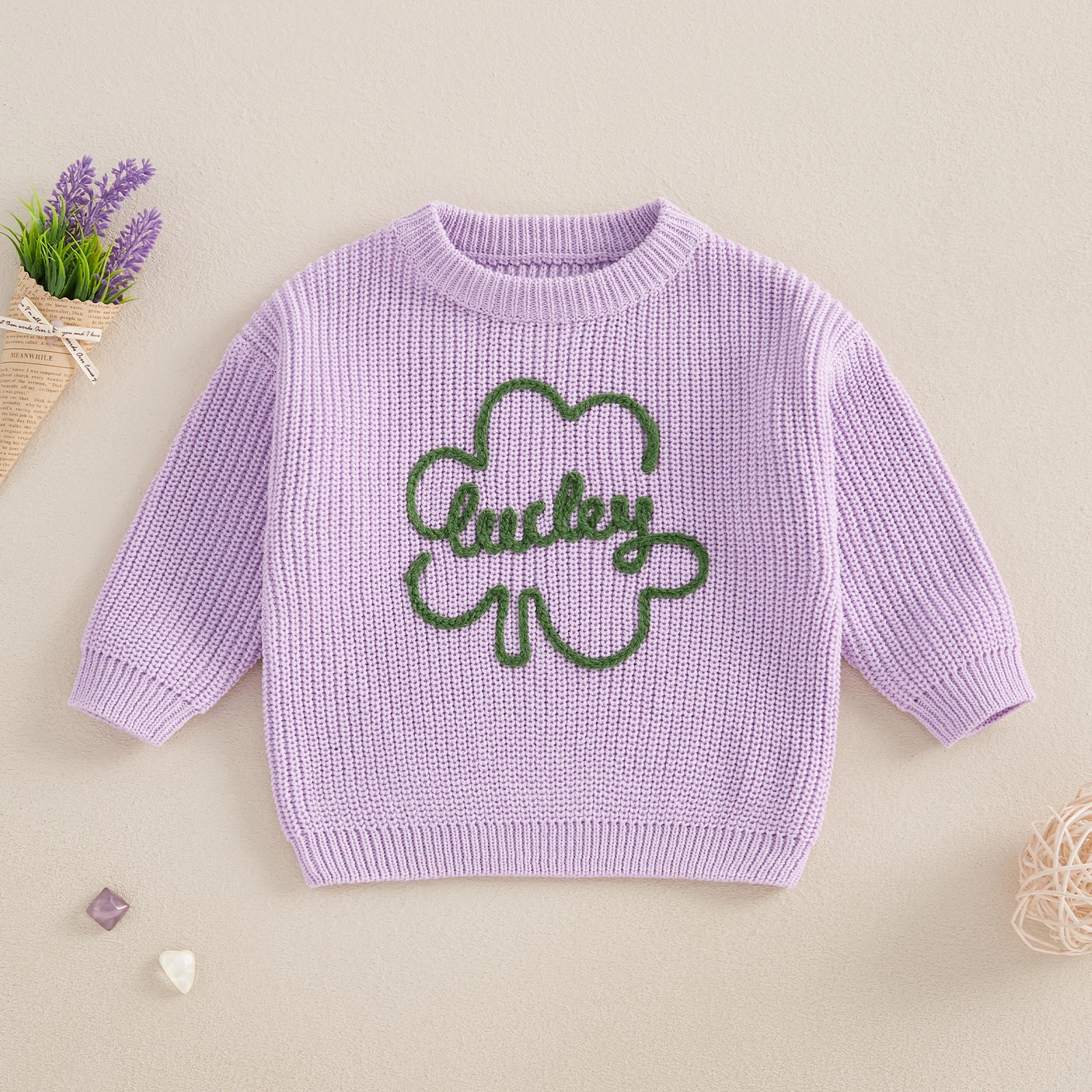 MISOWMNJOY Party Baby Girls Boys Knit Sweaters Warm Casual Long Sleeve Shamrock Embroidery Pullover Toddler Fall Spring Clothes