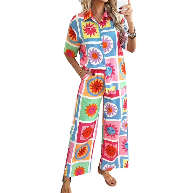 

CYL-женская рубашка на пуговицах с короткими рукавами, топы с принтом, шорты для отдыха, летний пляжный спортивный костюм, комплект из 2 предметов