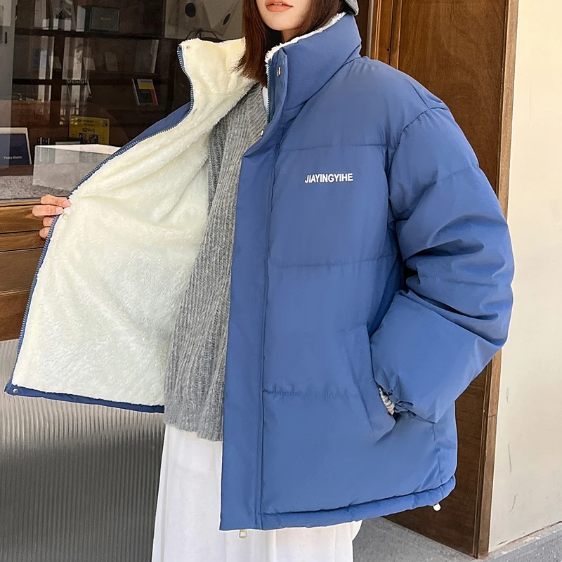 2022 winter new fleece fluffy jacket cotton clothes Harajuku plush zipper winter coat men and women solid color casual jacket