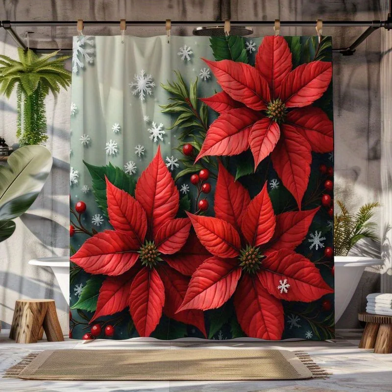 Christmas Shower Curtain - High Quality Bathroom Decor with Red Poinsettias, Green Foliage & Berries Machine Washable