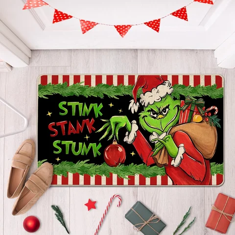 VIKAMA Zerbino decorativo Stank Stunk natalizio, tappeto da ingresso natalizio verde per interni/esterni, divertente arredamento per la cucina della casa delle vacanze