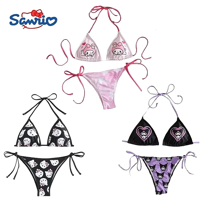 Sanrio Hello Kitty Summer Seaside Swimsuit Vacation Bikini Cute Cartoon Fashion Sporty Quick-drying Skinny Tether with Chest Pad