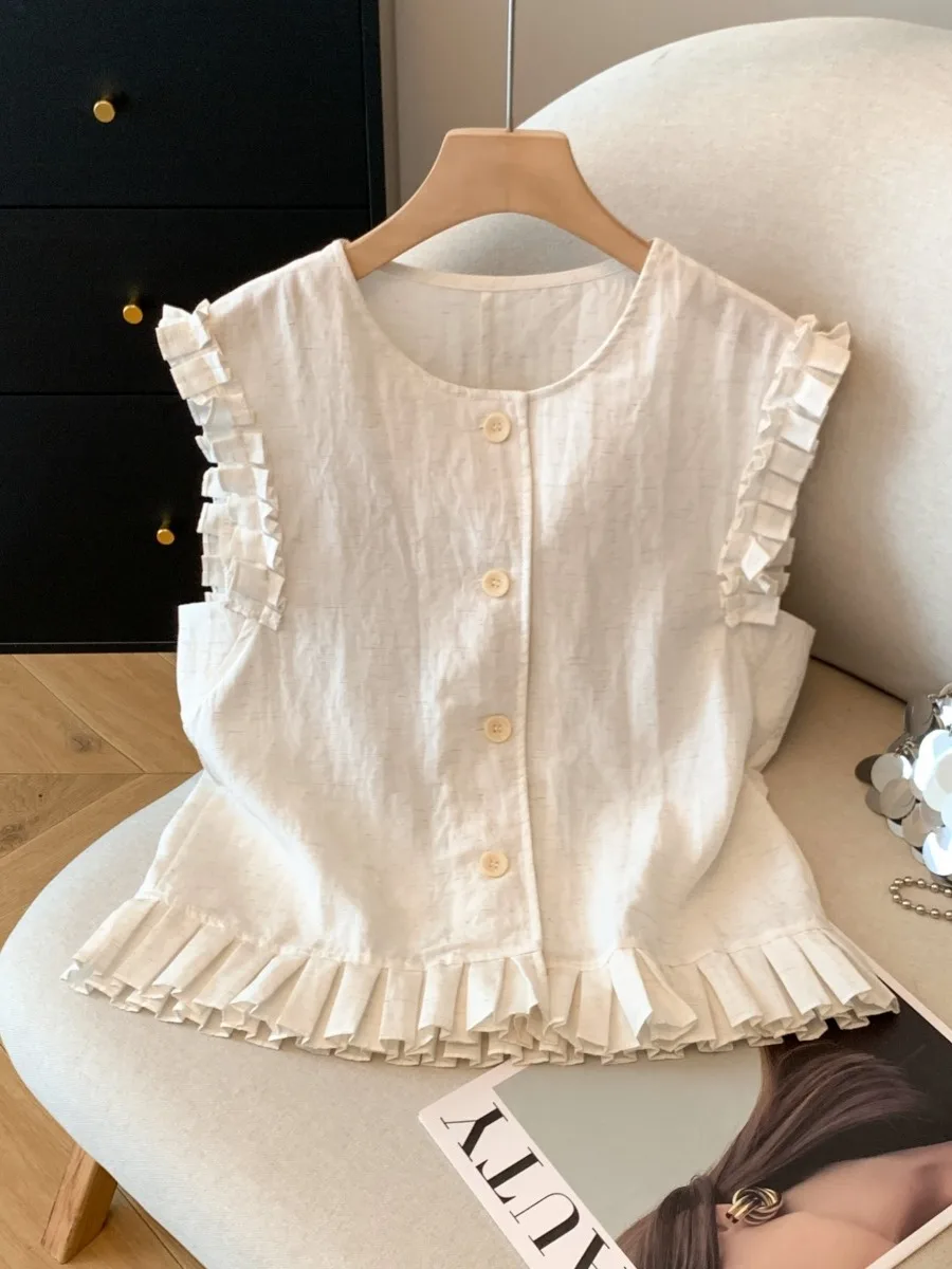 

Льняная женская летняя тонкая безрукавка-рубашка в корейском стиле, свободного кроя, с круглым вырезом, на пуговицах, повседневный топ