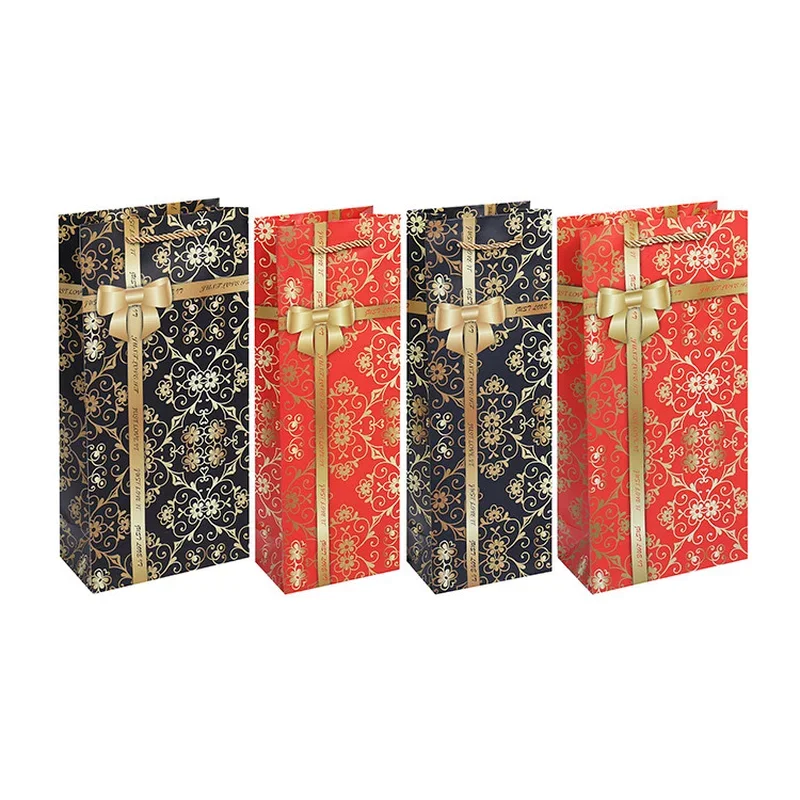 10pcs Black Red Gift Box Cardpaper Wine Bag Single Double Bottle Gold Ribbon Bow Printing Gift Holder Christmas New-year