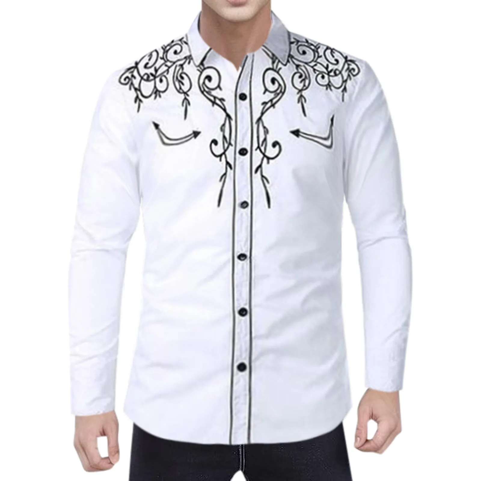 Fashion New Men's Western Embroidered Shirt  American Western Style Cowboy Shirts Casual Solid Color Lapel Collar Blouse