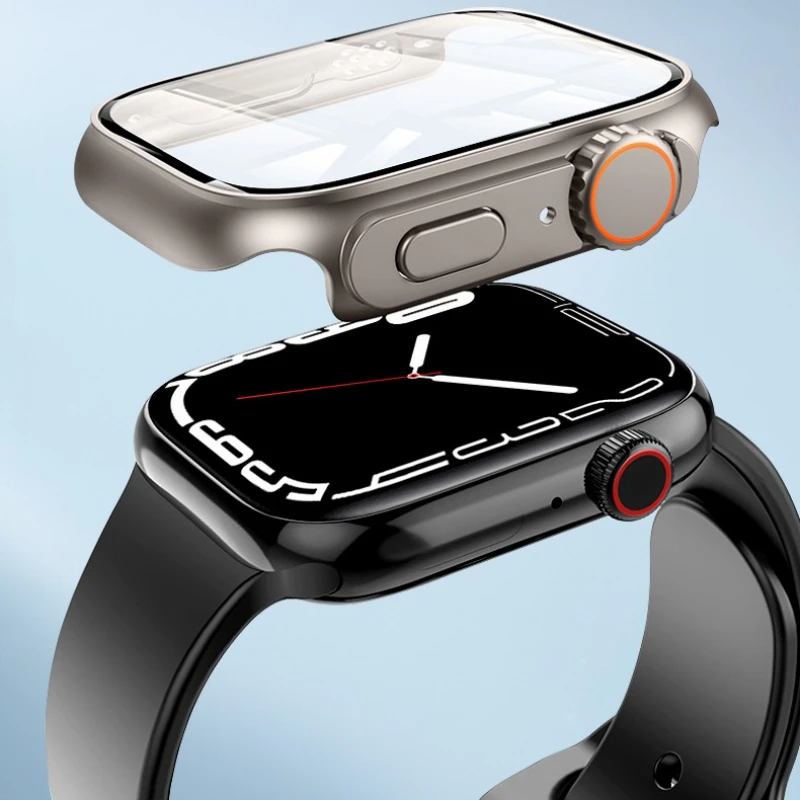Glass+Case For Apple Watch 44mm 40mm 41 45mm Screen Protector Bumper Case Cover For iWatch Series 9 8 7 6 5 4 SE Change To Ultra