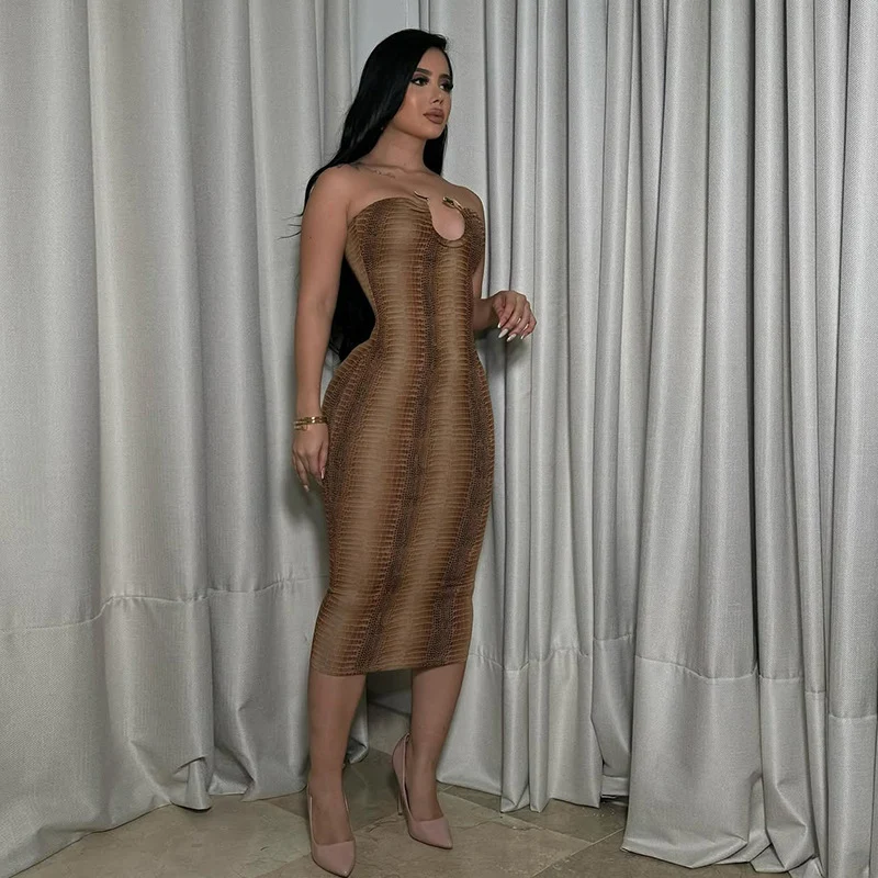 Abito longuette aderente stampato serpente sexy Donna Elegante discoteca senza maniche Anello in metallo senza spalline Guaina Abiti da ballo di fine anno Abiti