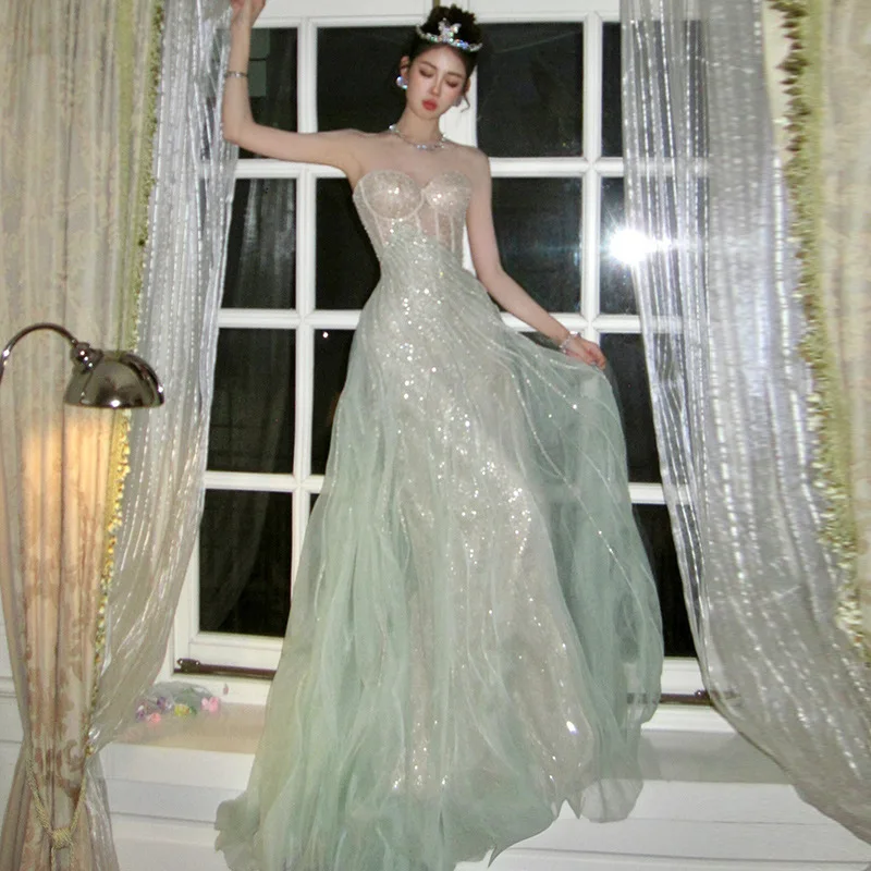 Schweres, schulterfreies Kleid mit Stickerei, Ele-Abendkleid, sexy Gastgeber, Geburtstag, mittlere Taille, chinesische Produktion, Sommer 2024