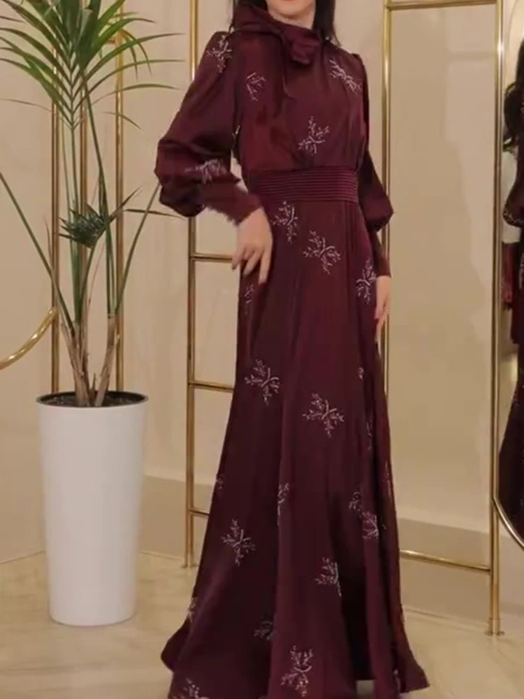 Elegancka sukienka maxi z plisami i nadrukiem, nowa jesienna sukienka bankietowa z wysokim stanem, damska sukienka vintage z długim rękawem typu latarnia, dopasowana satynowa sukienka.