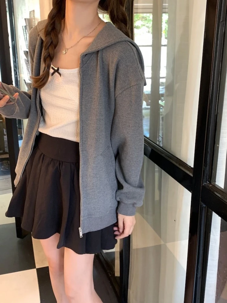 Preppy stijl hoodies matrozenkraag gestreept contrastkleur lange mouwen zakken rits sweatshirt casual losse 2025, dameskleding