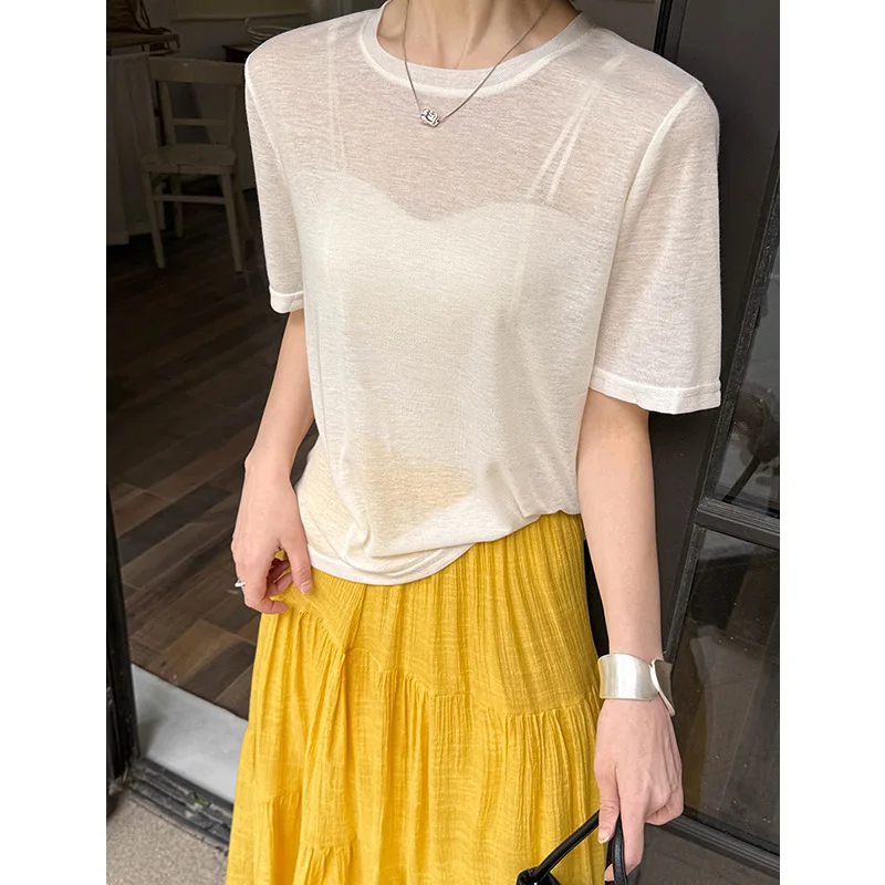 

Summer short sleeved T-shirt for women, slightly transparent base shirt, loose solid color round neck half sleeved women's top