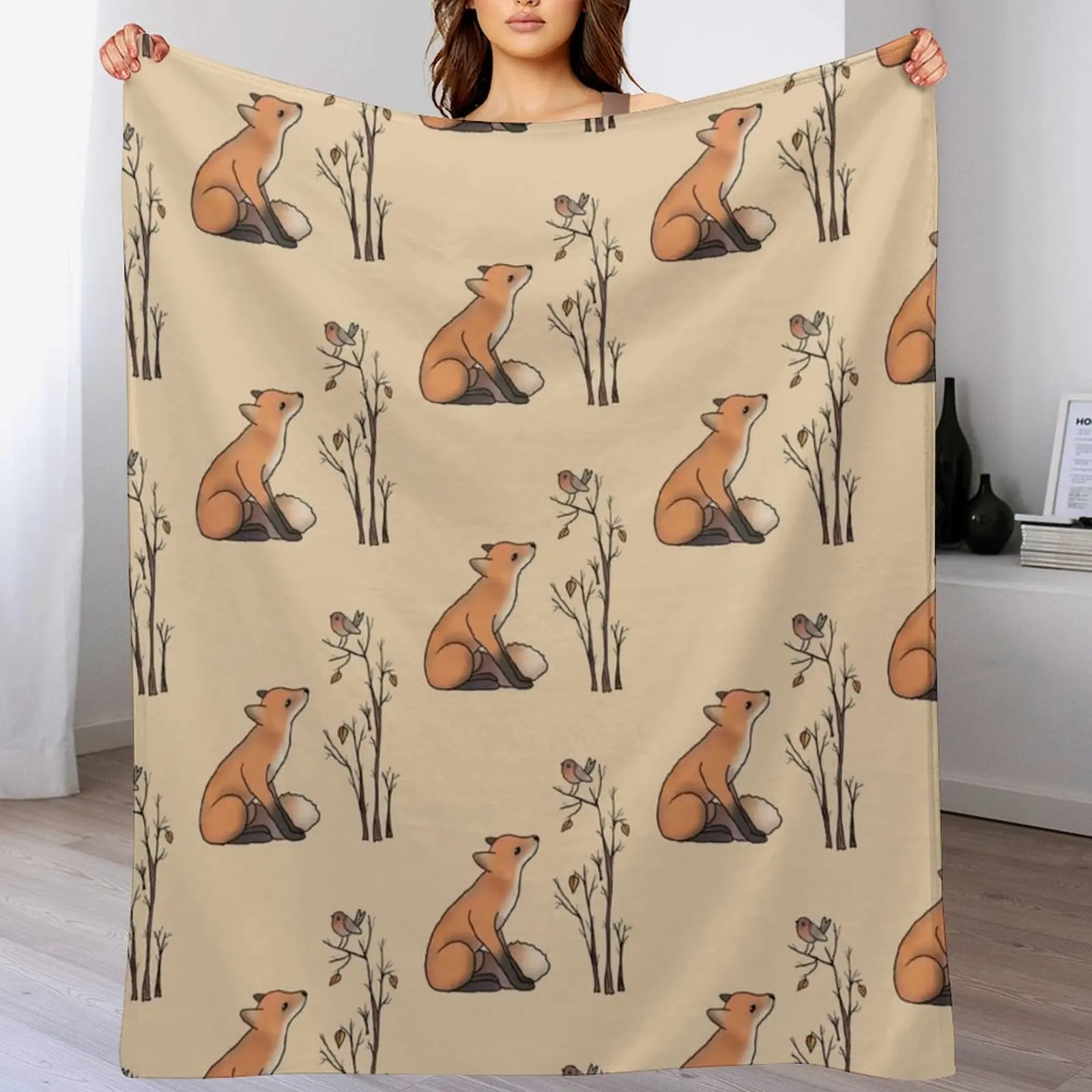 Fox and robin Throw Blanket Foldable Soft Warm Blanket for Outdoor Use