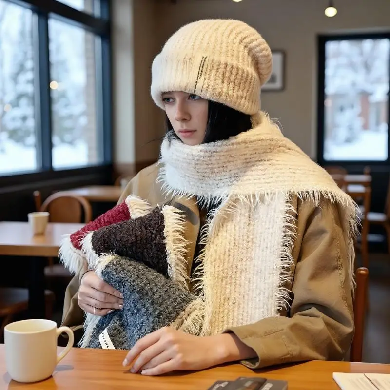 Cachecol de malha de lã espessada para mulheres moda inverno listras verticais cores contrastantes aquecedor de pescoço quente