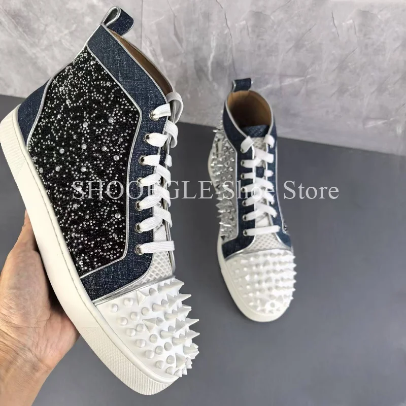 Rivet Patchwork Casual Shoes Sneaker Round Toe Lace-Up Men Shoes Genuine Leather New Style Comfort Autumn High Top Flat Shoes