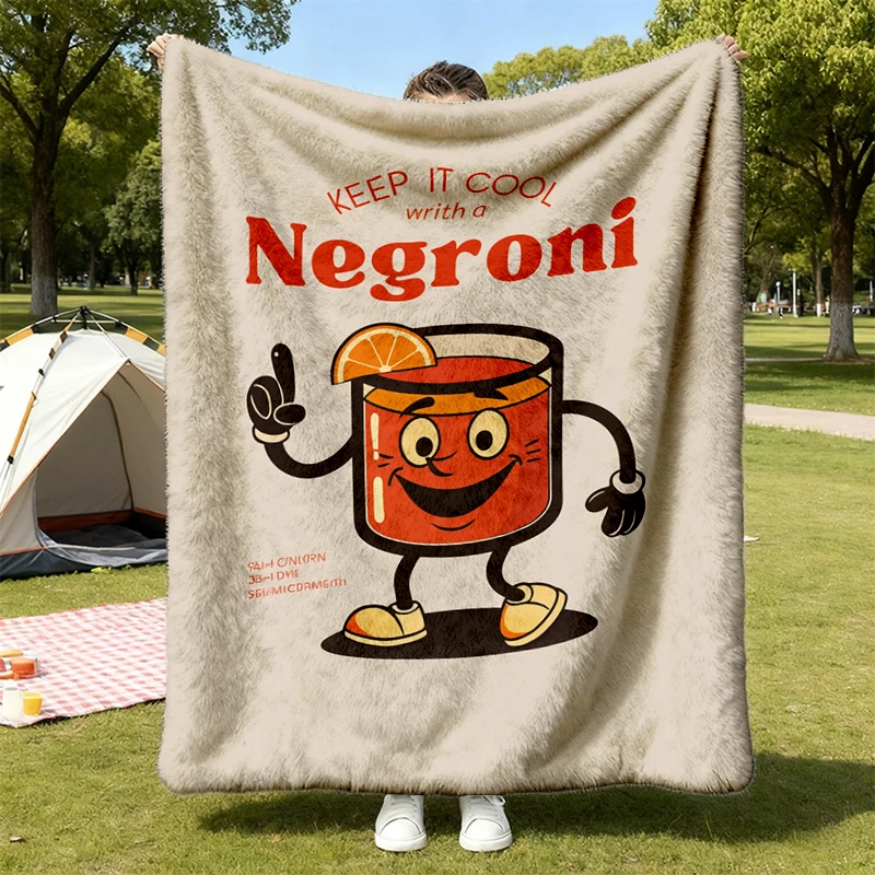 Negroni Cocktail Flannel Blanket, Retro Cartoon Aperitivo Flannel Blanket, Italian Bar Gift for Cocktail Lovers