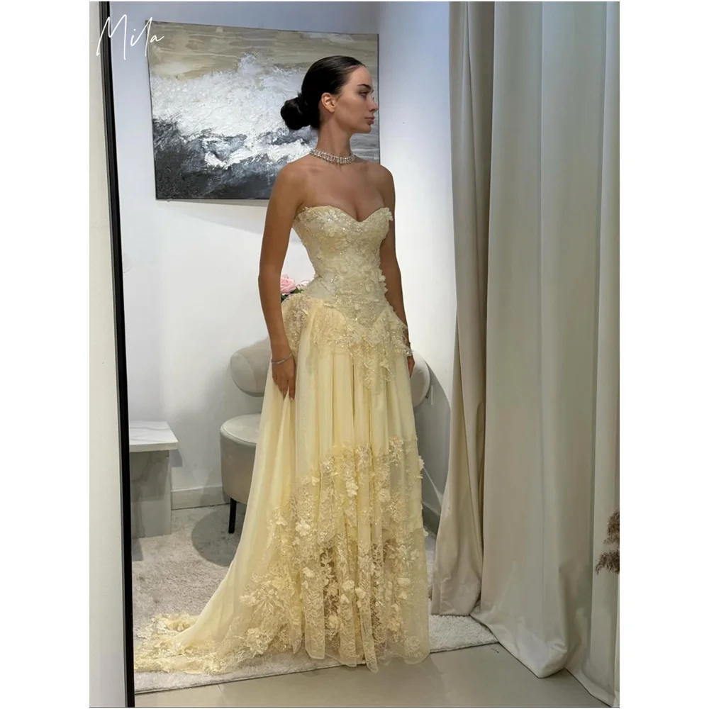 Mila Sequinned Appliques Lace Prom Dresses Yellow Strapless Sleeveless Customized Formal Evening Floor-Length vestidos de fiesta